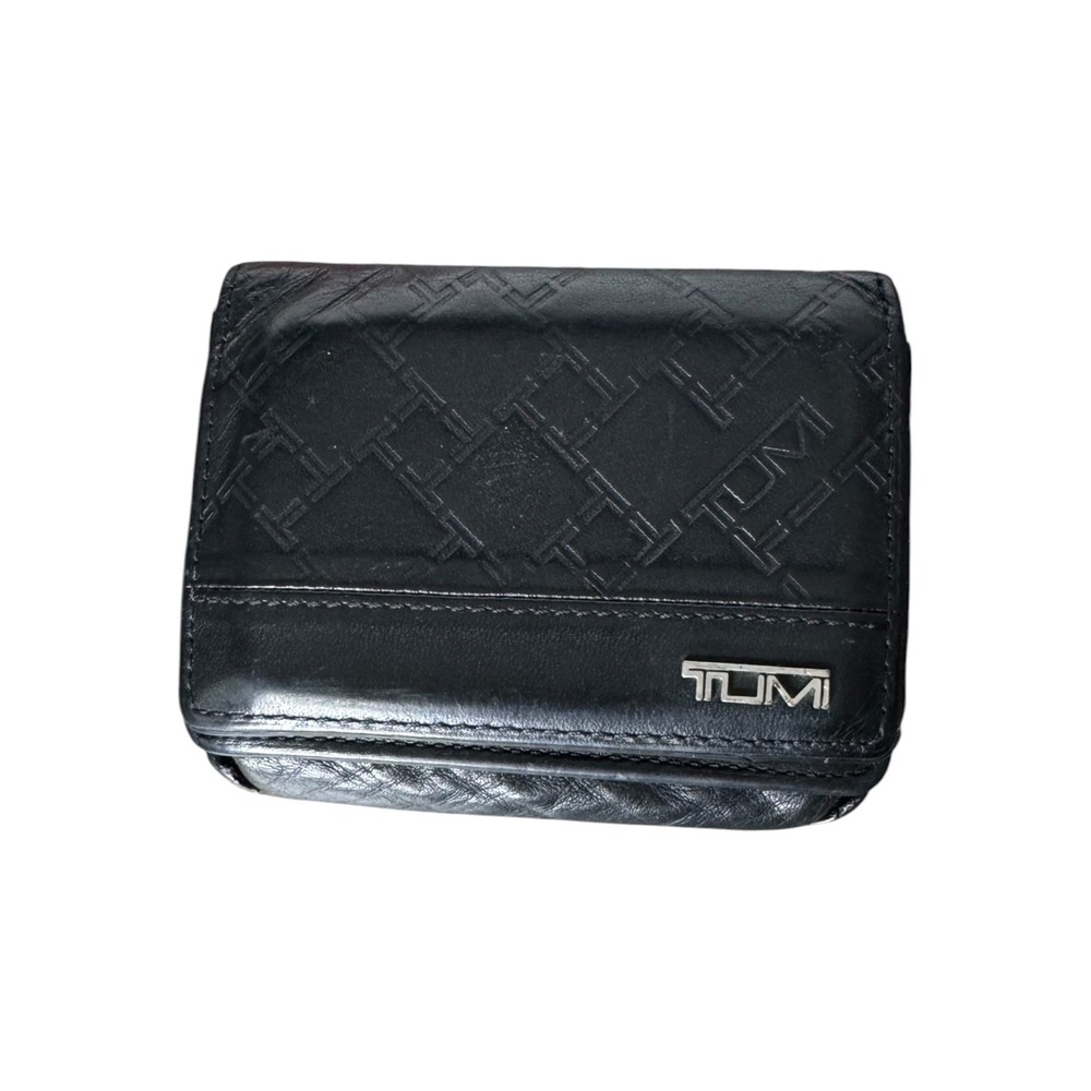 Tumi Mens Black Leather Bifold Wallet Embossed T-Logo Monogram ID Window